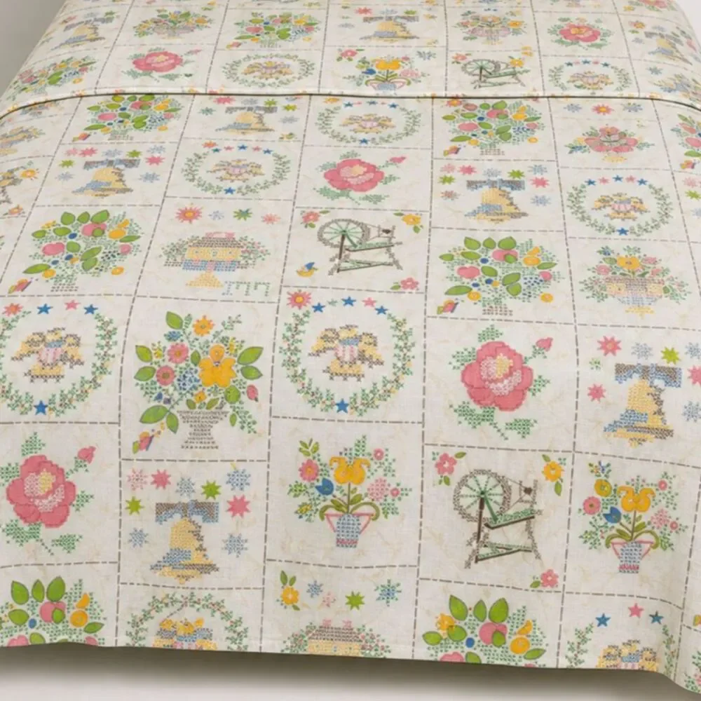 Vintage Utica Tastemaker Faux Cross Stitch Americana Twin Sheet Set Bicentennial